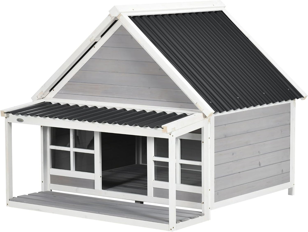 Wooden Dog House with Porch Tilt Roof Front Door Windows