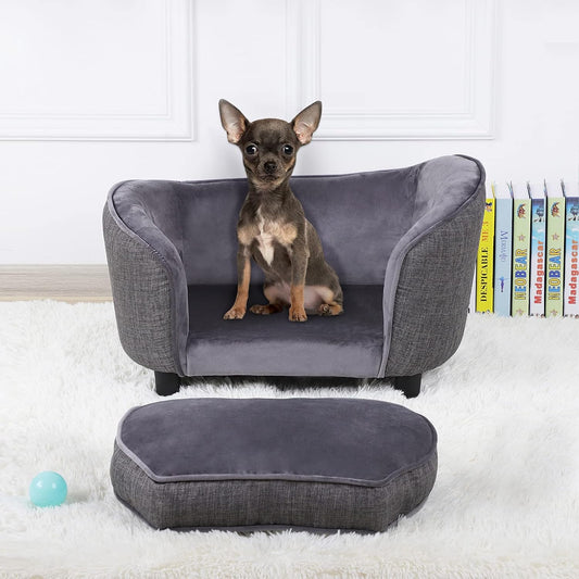 Grey Velvet Linen Pet Sofa Bed with Washable Cushion