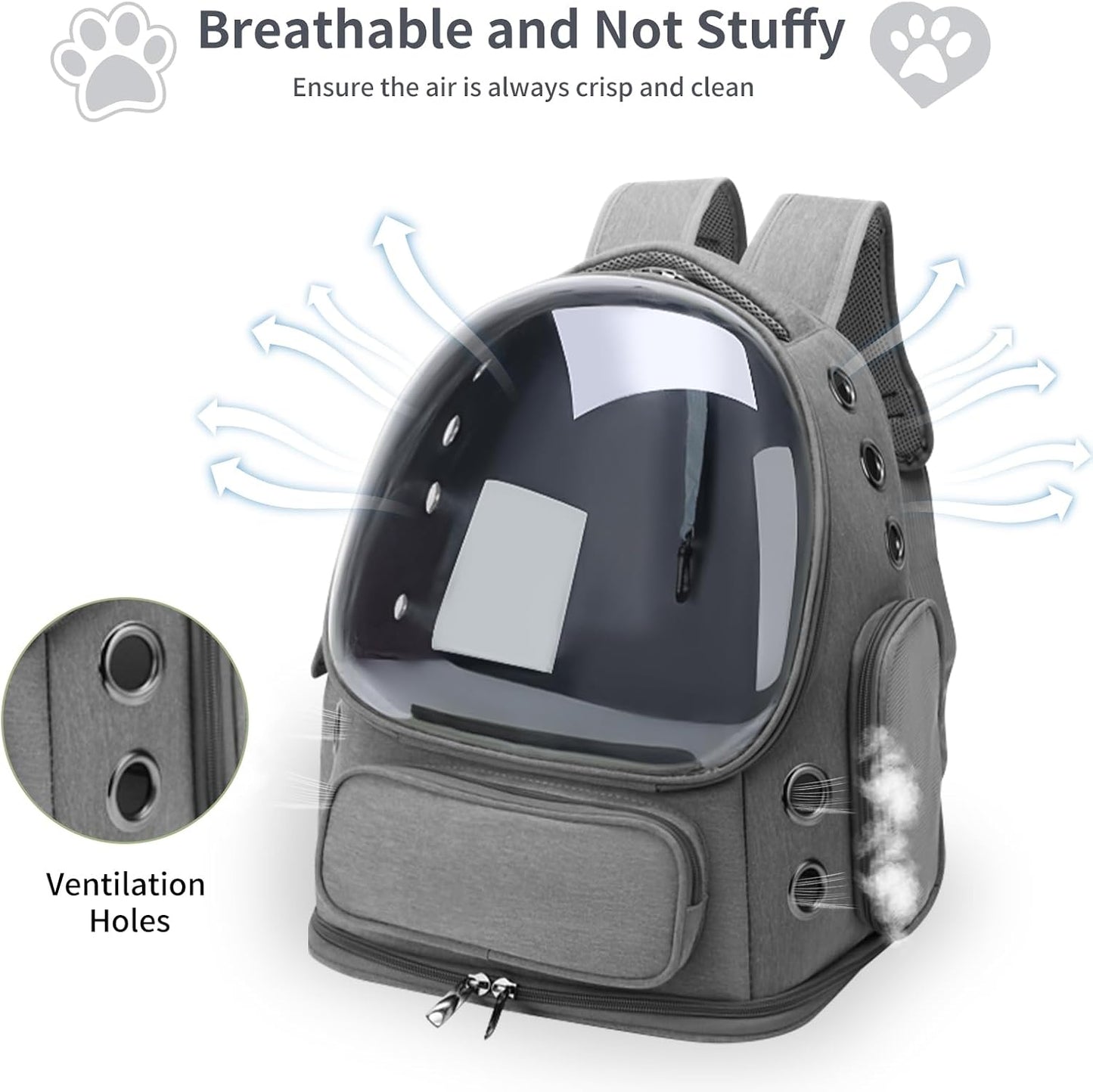 Grey Breathable Cat Bubble Backpack Airline Approved Hiking