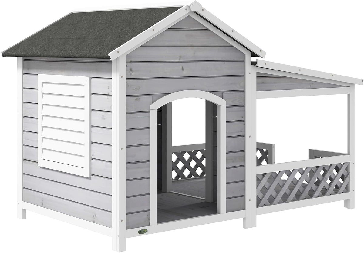Light Gray Cabin-Style Wooden Dog House with Porch Asphalt Roof