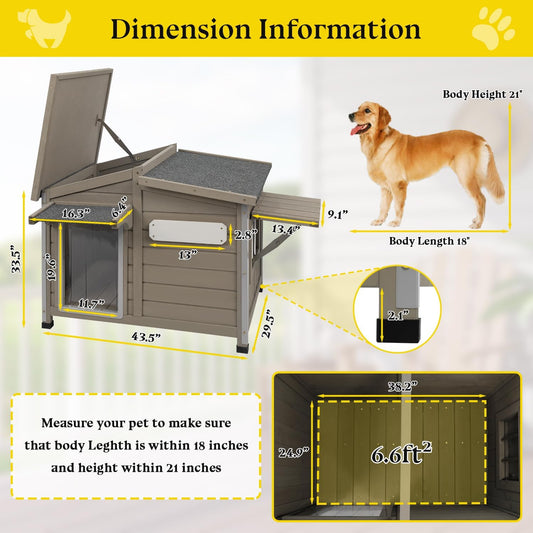 Grey 43.5" Wooden Dog Kennel Chew-Proof Iron Frame Removable Floor