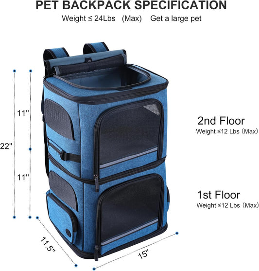 Blue Double Compartment Cat Dog Carrier Backpack for Two Pets