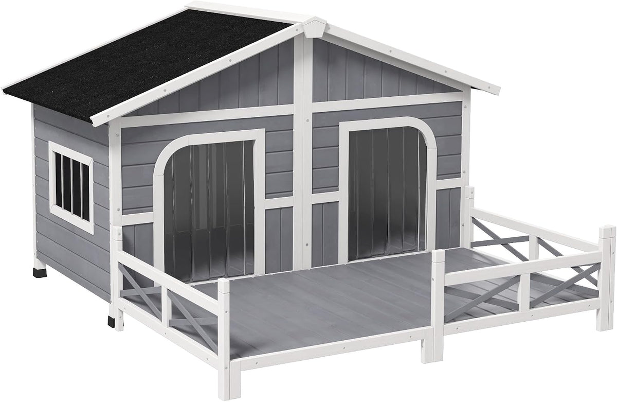 Grey Outdoor Wooden Dog Kennel with Porch Double Room Elevated Floor