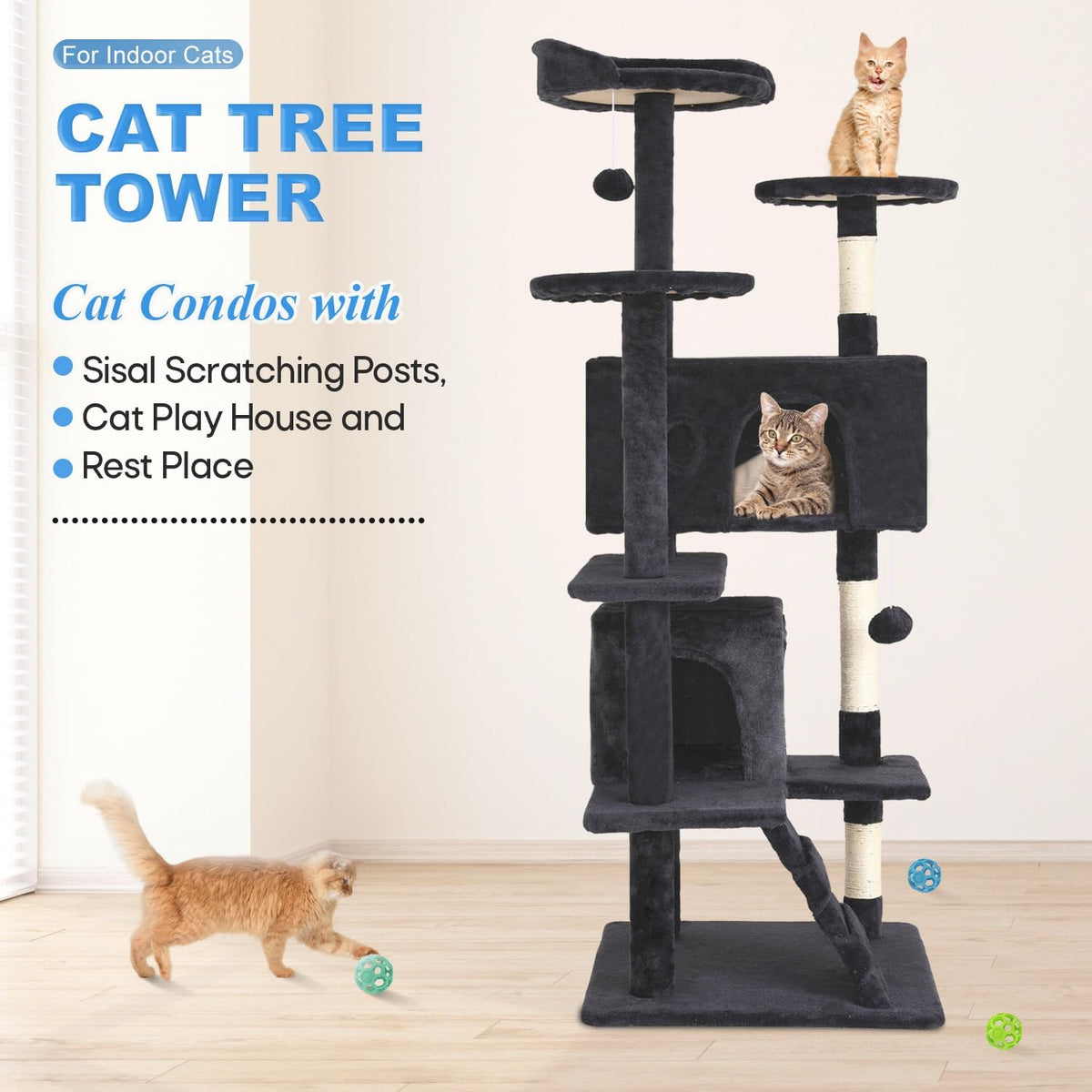 Dark Gray 54" Multi-Level Cat Tower with Scratching Post