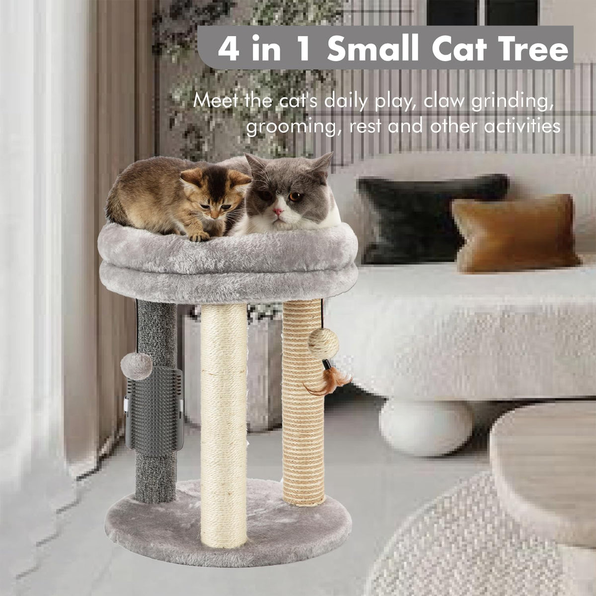 4-in-1 Small Cat Tree with Scratching Post and Hanging Toys
