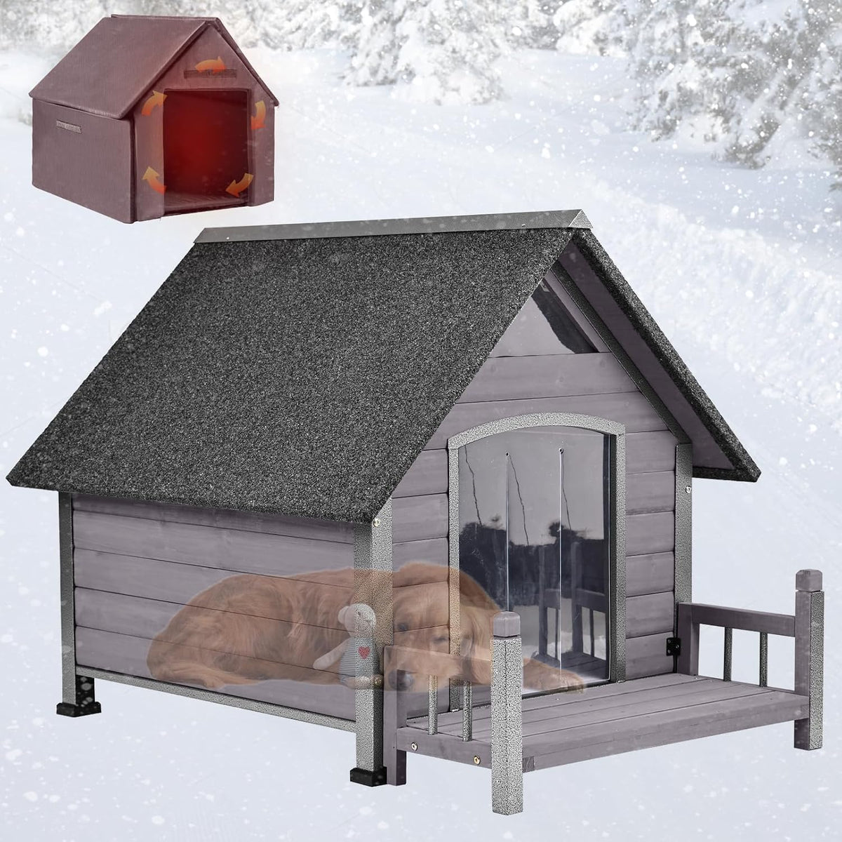 Grey 45" Insulated Outdoor Large Dog Kennel Anti-Chewing Iron Frame
