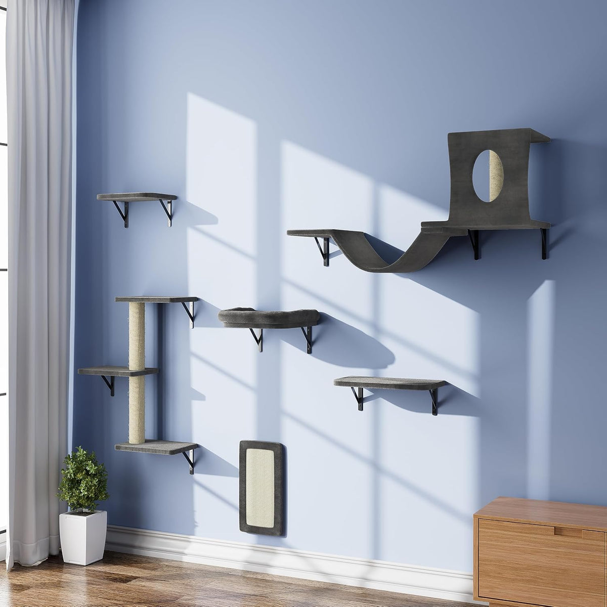 Dark 6-Piece Wall-Mounted Cat Furniture Set with Climber Scratcher