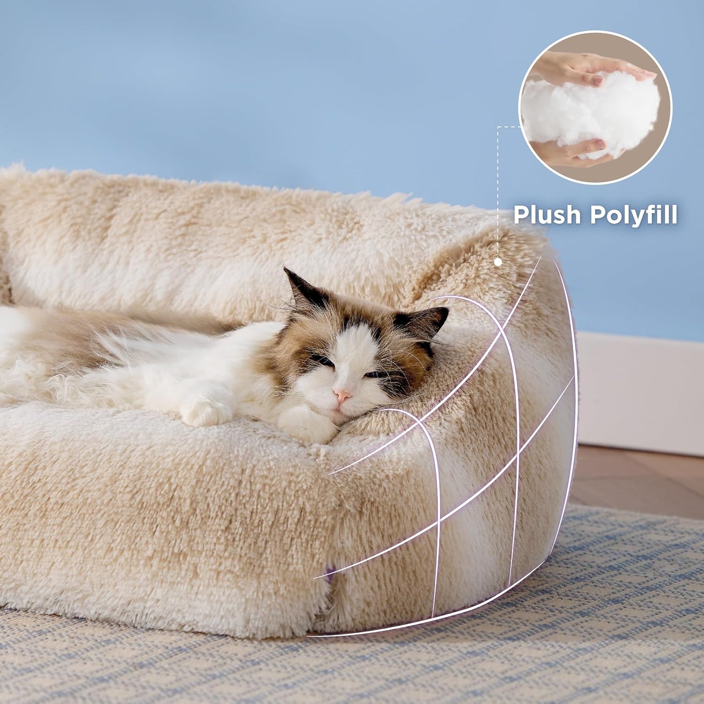 Beige Stripe Furry Washable Cat Bed Large 26x21x9