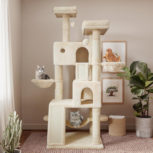 Beige 65" Multi-Level Cat Tree Tower with Plush Perches and Hammock