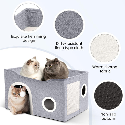 Foldable Large Cat Bed Cave with Fluffy Ball and Scratch Pad