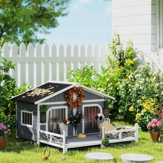 Grey Outdoor Wooden Dog Kennel with Porch Double Room Elevated Floor