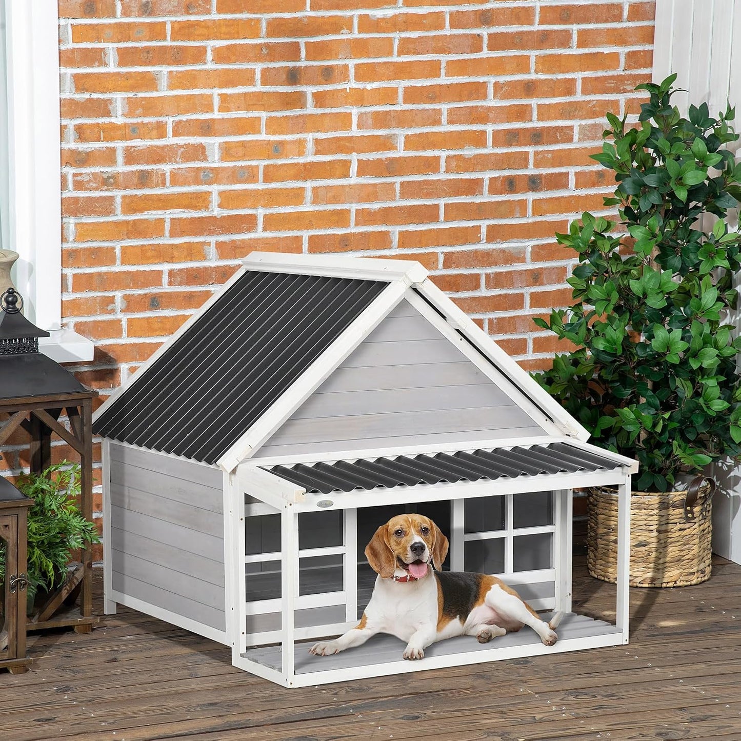 Wooden Dog House with Porch Tilt Roof Front Door Windows