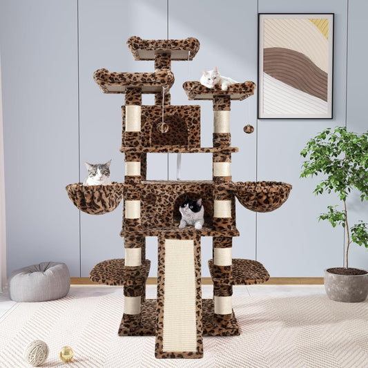 68" Leopard Print Cat Tree with Condo and Scratching Posts