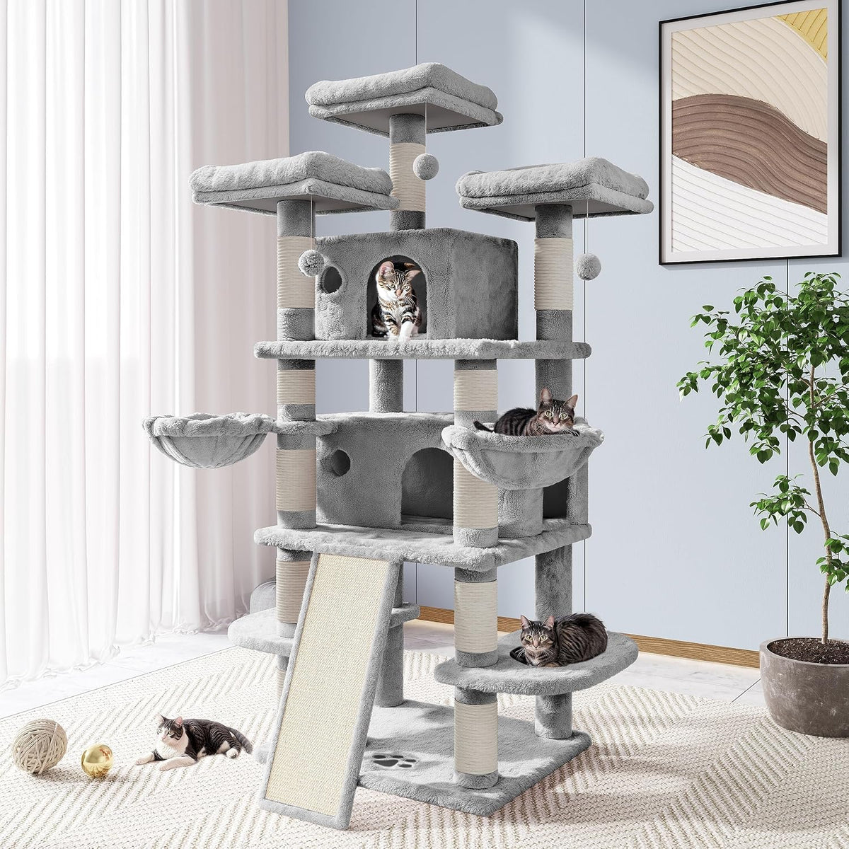 Light Grey 68" Multi-Level Cat Tree House with Condo