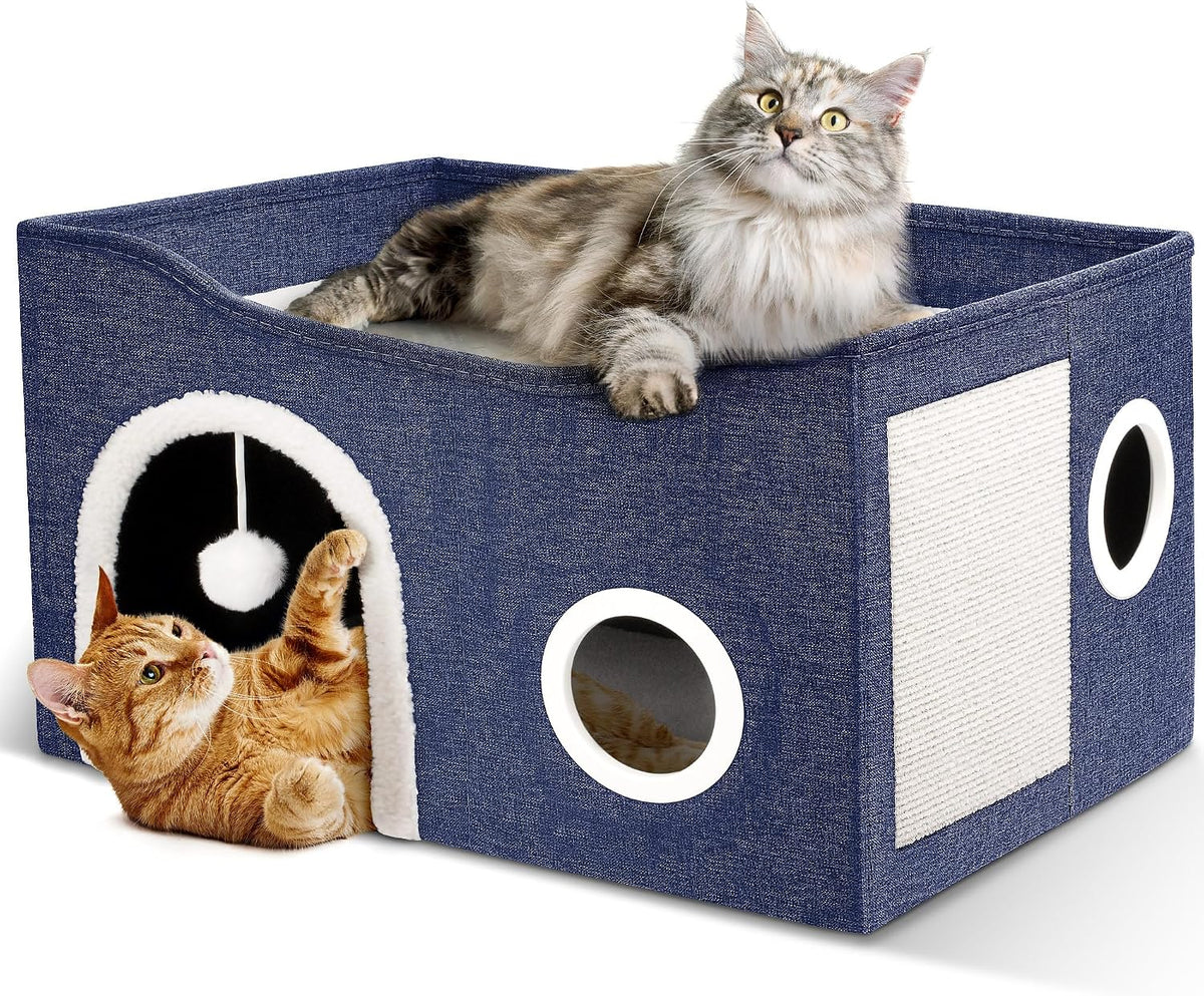 Foldable Covered Cat Bed Cave for Multi Pets with Scratch Pad