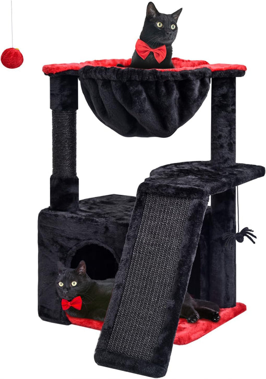 Black Gothic Cat Tree with Scratching Posts Condo and Spider Toy