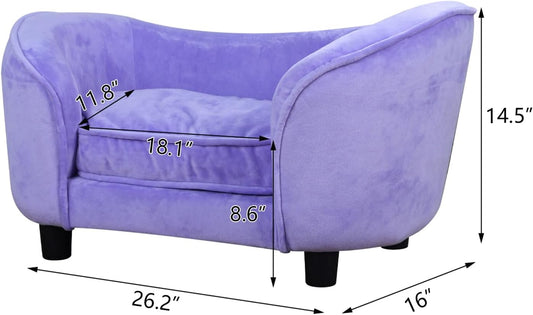 Purple Velvet Pet Couch Bed with Washable Cushion