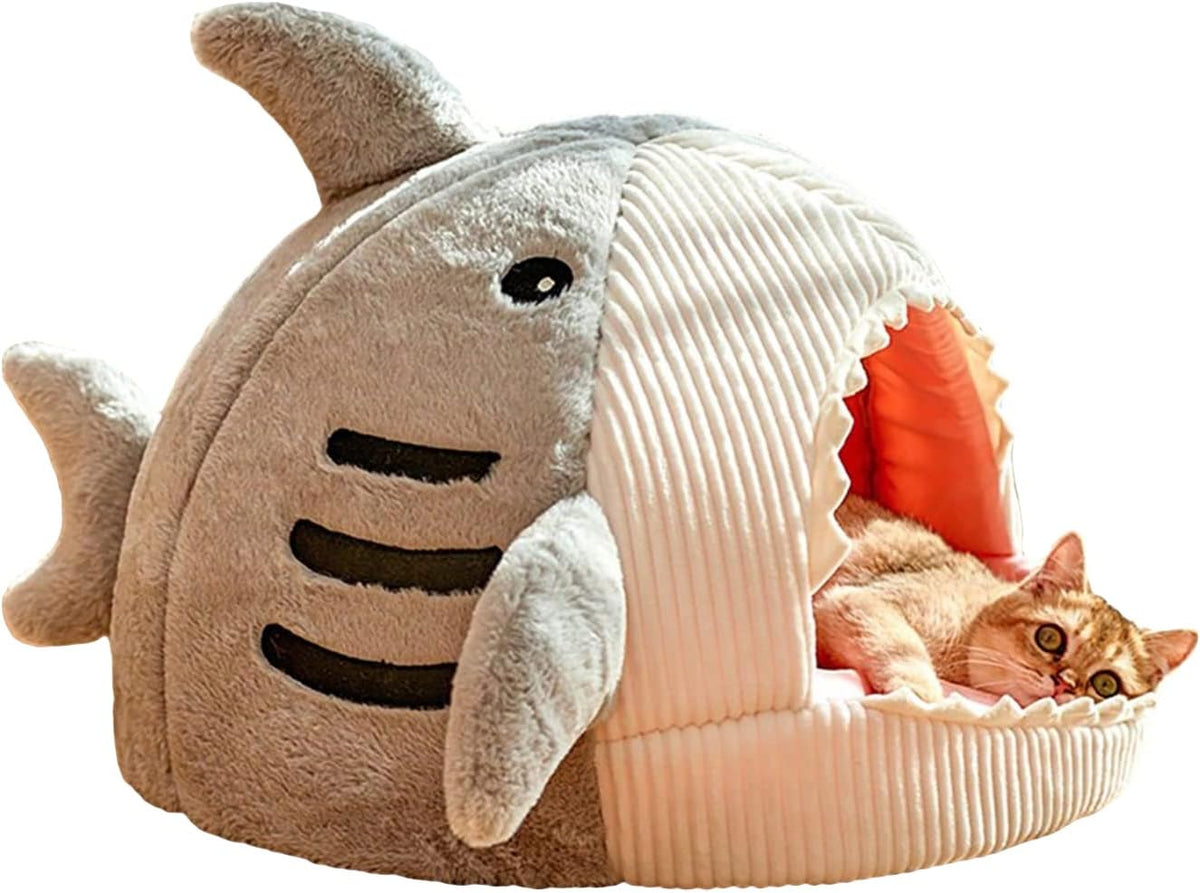 Shark-Shaped Semi-Closed Cat Dog Hideout Bed Grey Small