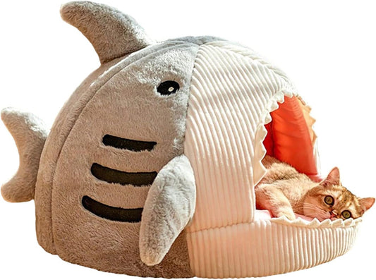 Shark-Shaped Semi-Closed Cat Dog Hideout Bed Grey Small