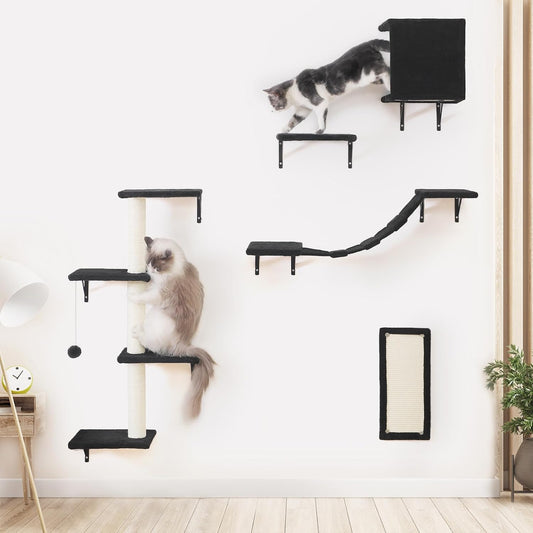 Black 5-Piece Wall-Mounted Cat Shelves with House Bridge Scratcher