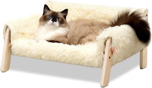Beige Wooden Elevated Cat Couch Bed Medium Removable Cover