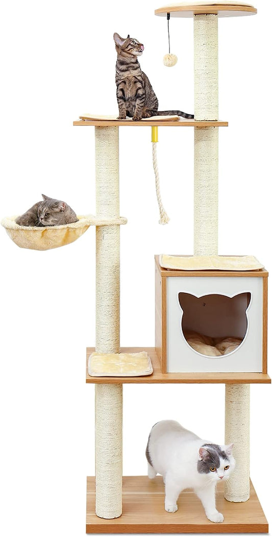 65" Modern Tall Wood Cat Tree with Hammock and Scratch Post