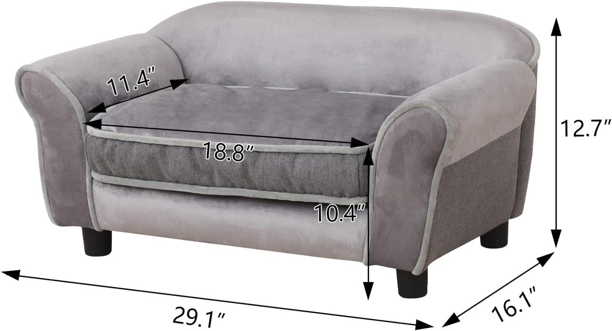 Grey Small Velvet Dog Sofa Bed with Plastic Legs 29x16x12.7