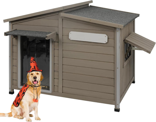 Grey 43.5" Wooden Dog Kennel Chew-Proof Iron Frame Removable Floor