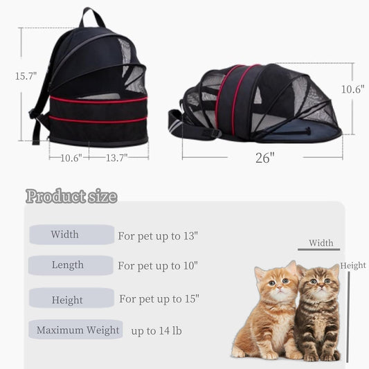 Black Expandable Cat Backpack with Breathable Mesh up to 12lbs