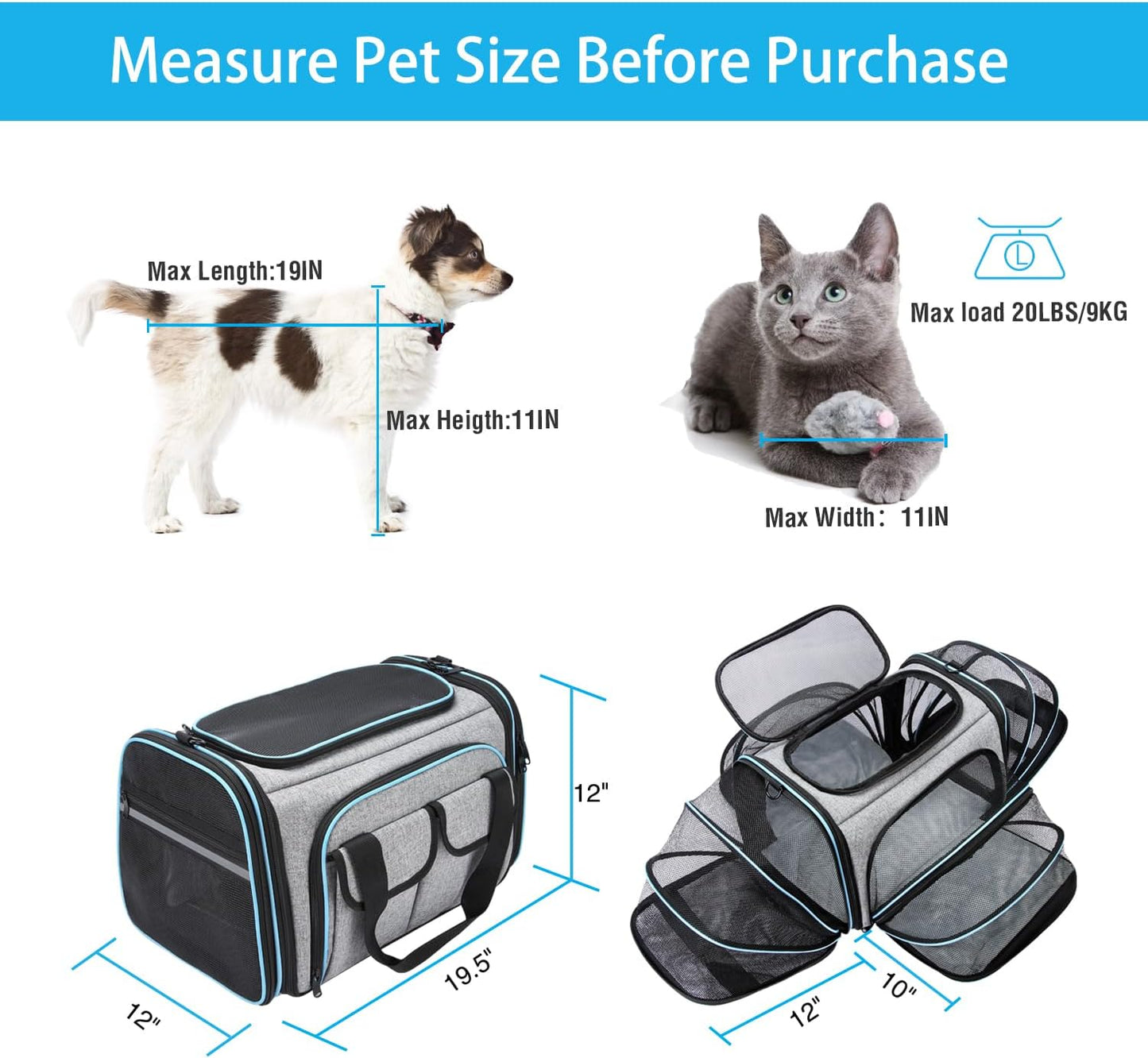 Large Soft Sided 4-Sides Expandable Pet Carrier with Fleece Pad