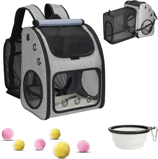 Expandable Large Cat Backpack Carrier 33lbs with Toy Balls and Folding Bowl