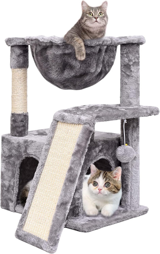 Light Grey Modern Activity Cat Tower with Scratching Board Cradle
