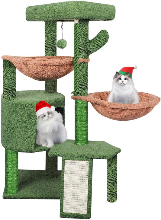 Green Three-Layer Cat Tree with Condo and Two Hammocks
