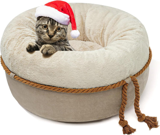 Light Brown 22" Anti-Slip Donut Plush Cat Dog Bed