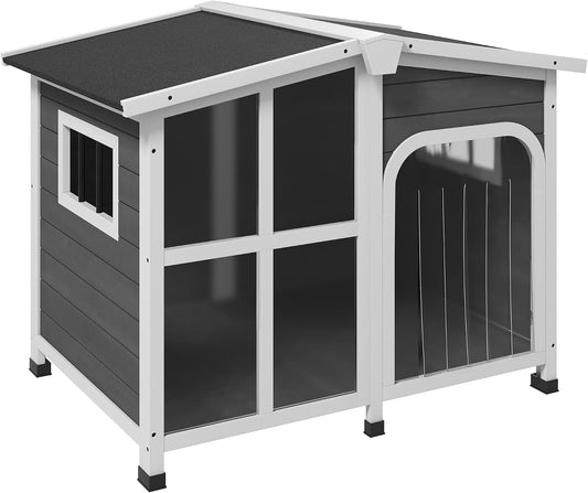 Grey Cabin-Style Large Wooden Dog House Openable Roof Giant Window