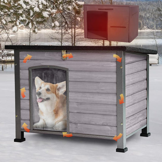 Grey M Wooden Dog Kennel Raised Feet Weatherproof Iron Frame