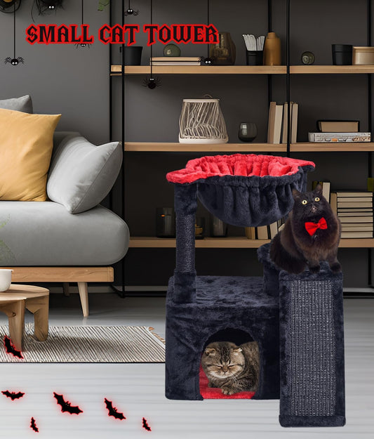 Black Gothic Cat Tree with Scratching Posts Condo and Spider Toy