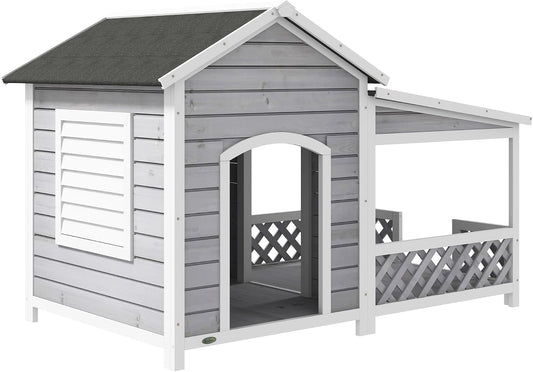 Light Gray Cabin-Style Wooden Dog House with Porch Asphalt Roof