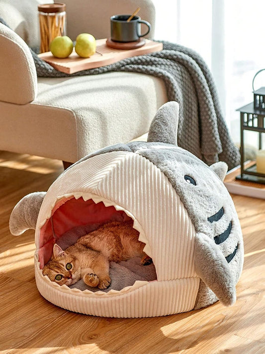 Shark-Shaped Semi-Closed Cat Dog Hideout Bed Grey Small