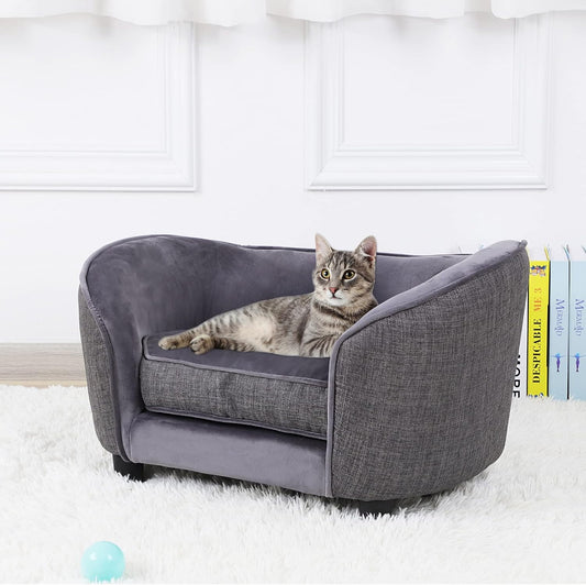 Grey Velvet Linen Pet Sofa Bed with Washable Cushion