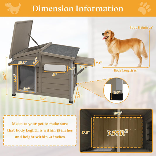 Grey 34" Wooden Dog Kennel Indoor/Outdoor Chew-Proof Adjustable Window