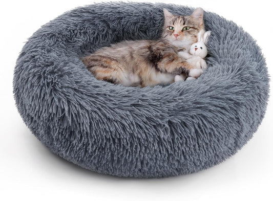 Dark Grey Washable Fluffy Round Donut Cat Bed 20"
