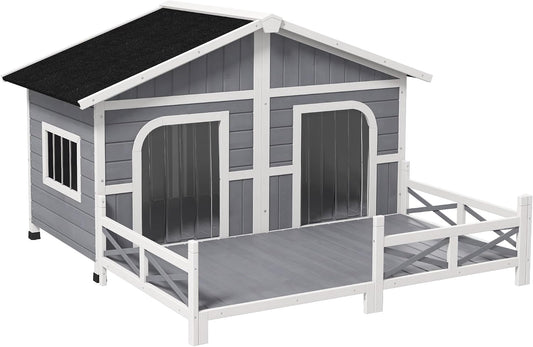 Grey Outdoor Wooden Dog Kennel with Porch Double Room Elevated Floor