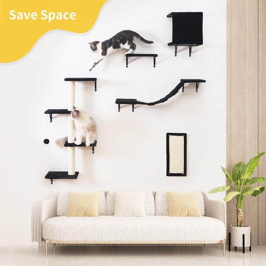 Black 5-Piece Wall-Mounted Cat Shelves with House Bridge Scratcher