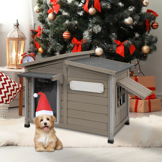 Grey Large Wooden Dog Kennel Indoor/Outdoor Chew-Proof Iron Frame
