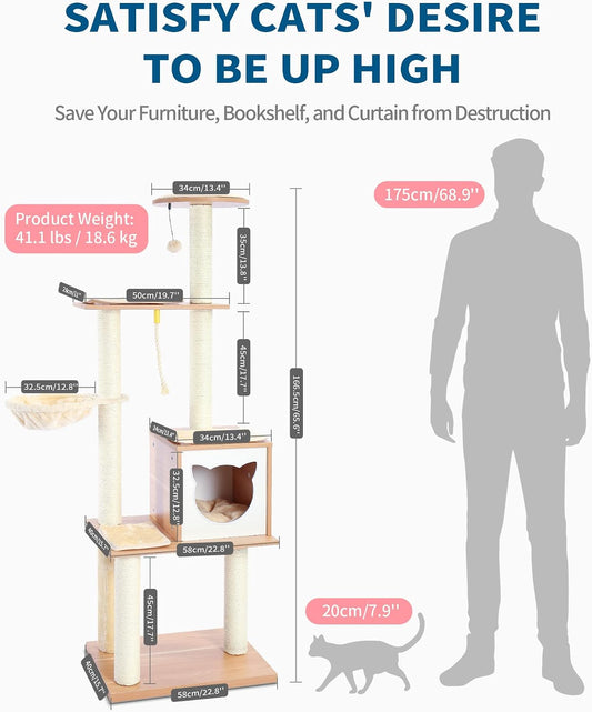 65" Modern Tall Wood Cat Tree with Hammock and Scratch Post