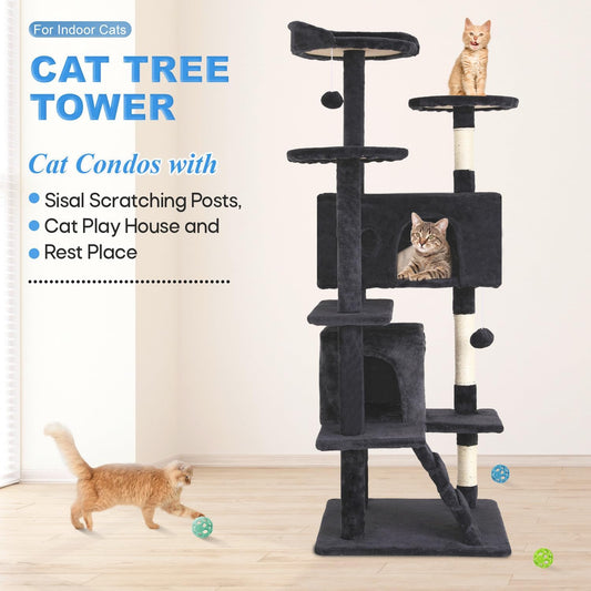 Dark Gray 54" Multi-Level Cat Tower with Scratching Post