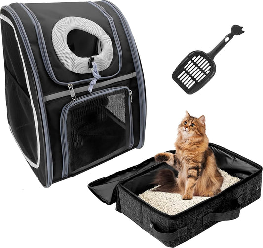 Soft-Sided Cat Carrier Backpack with Foldable Travel Litter Box