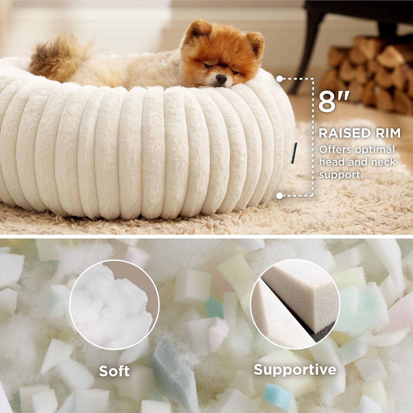 Cream Donut Corduroy Fleece Dog Bed 23x23x8 Washable Cover