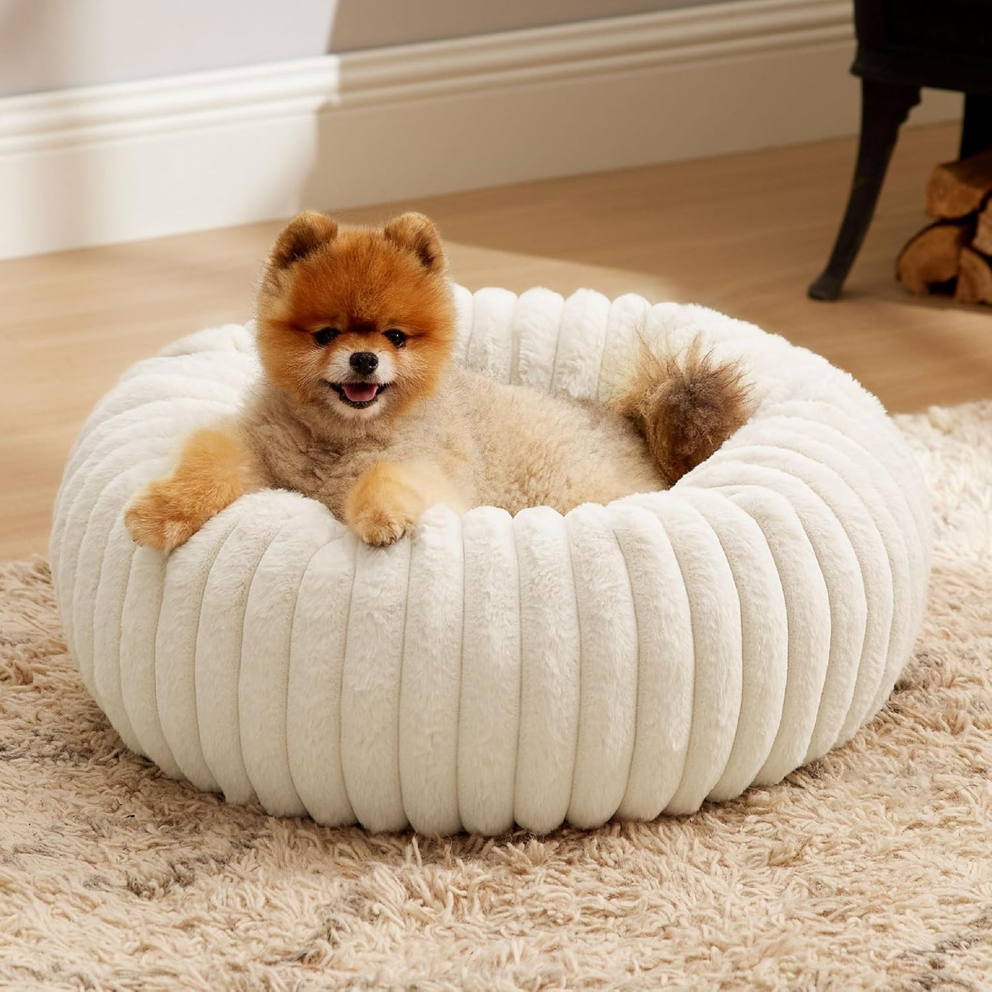 Cream Donut Corduroy Fleece Dog Bed 23x23x8 Washable Cover